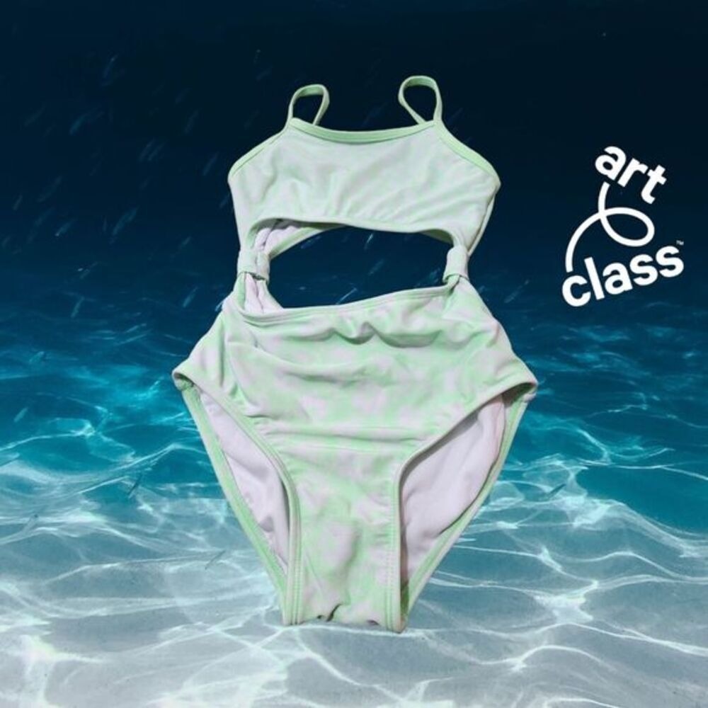 Art Class One Piece Swimsuit Kids Cutout Abstract Mint Green Size‎ M 8